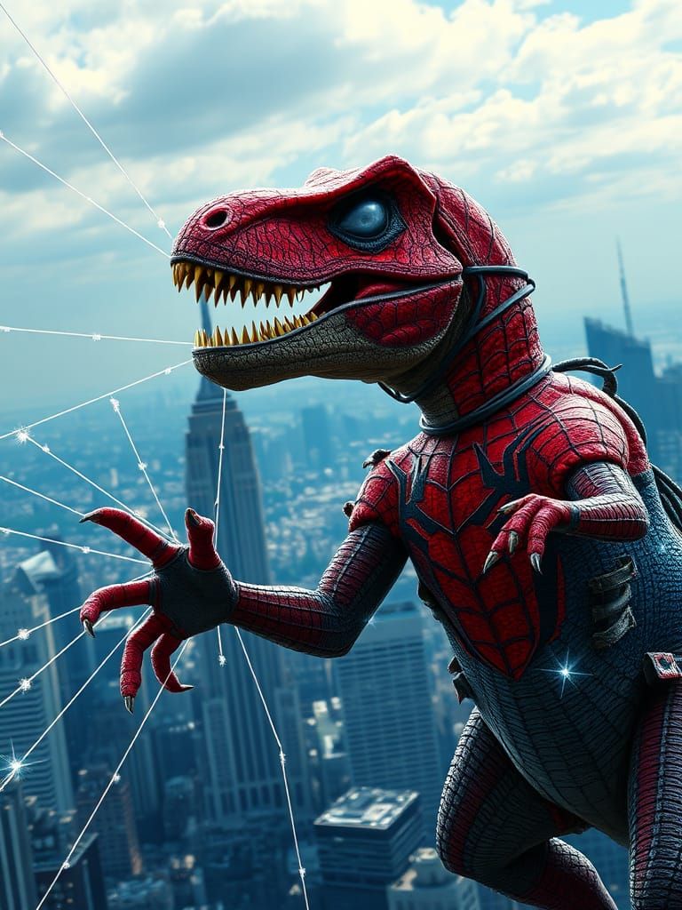 A hyper-realistic T-Rex wearing Spider-Man's