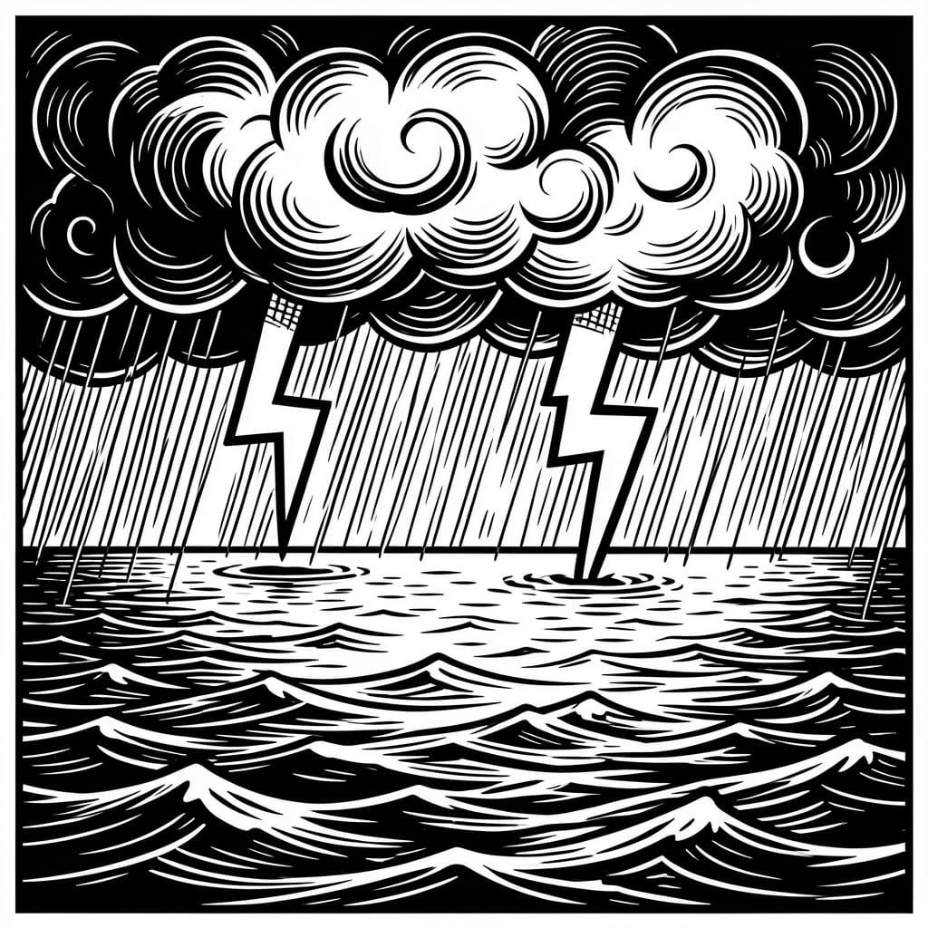 Dramatic Storm Over Lake Coloring Page in Woodcut Style
