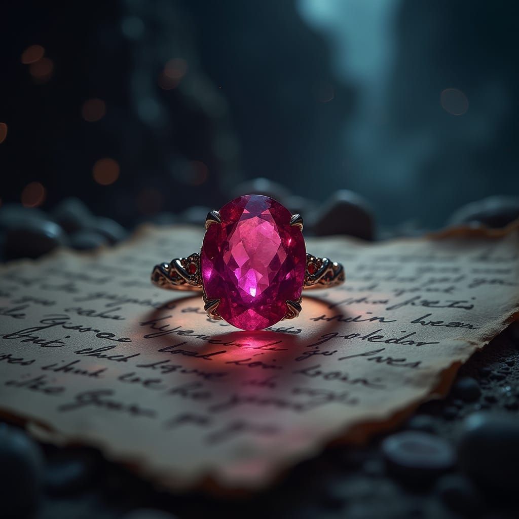 Mystical Ruby Ring Illuminates Ancient Parchment in Dark Cry...