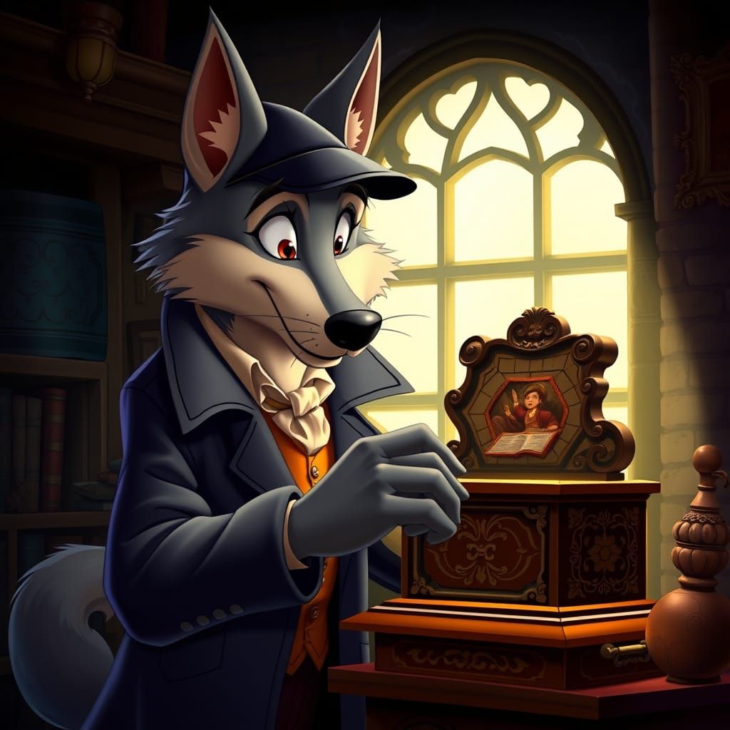 Anthropomorphic Wolf as Sherlock Holmes Inspecting Music Box