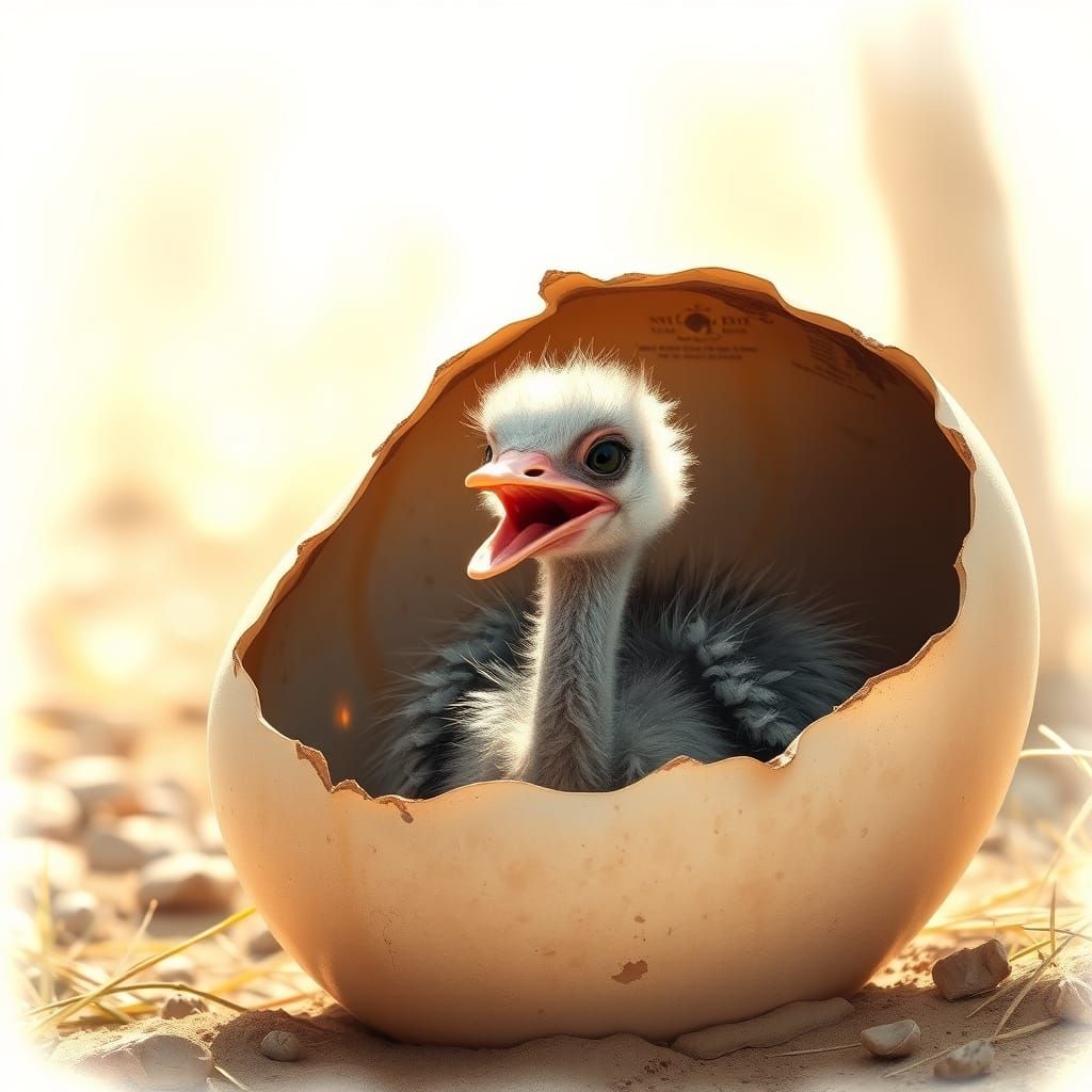 Baby Ostrich Emerges, Audubon-Style Illustration