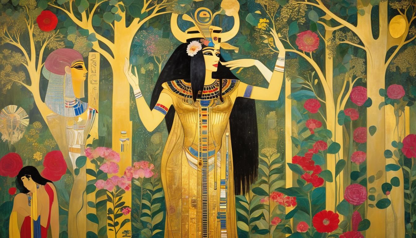 Hathor Frescoes in Magical Forest, Gustav Klimt Style