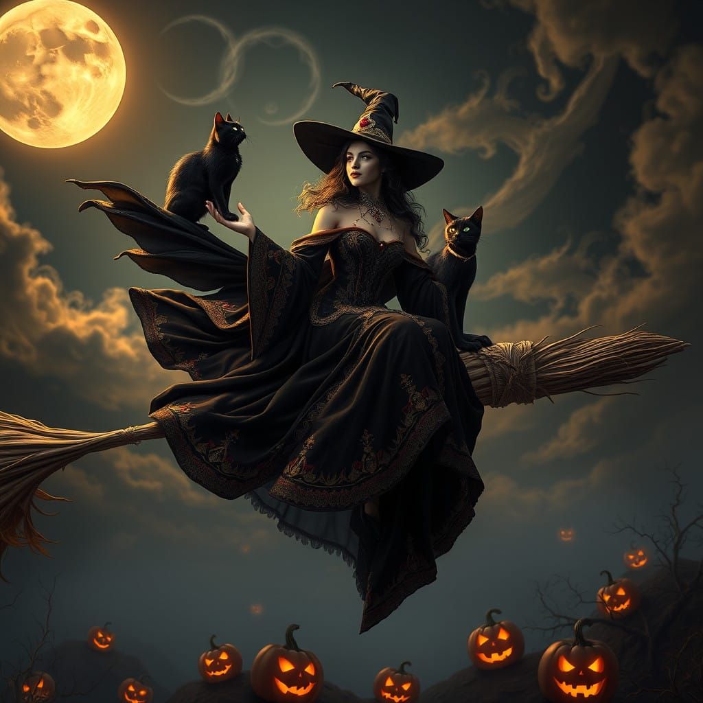 Mystical Witch on Flying Broom with Black Cat Amidst Hauntin...