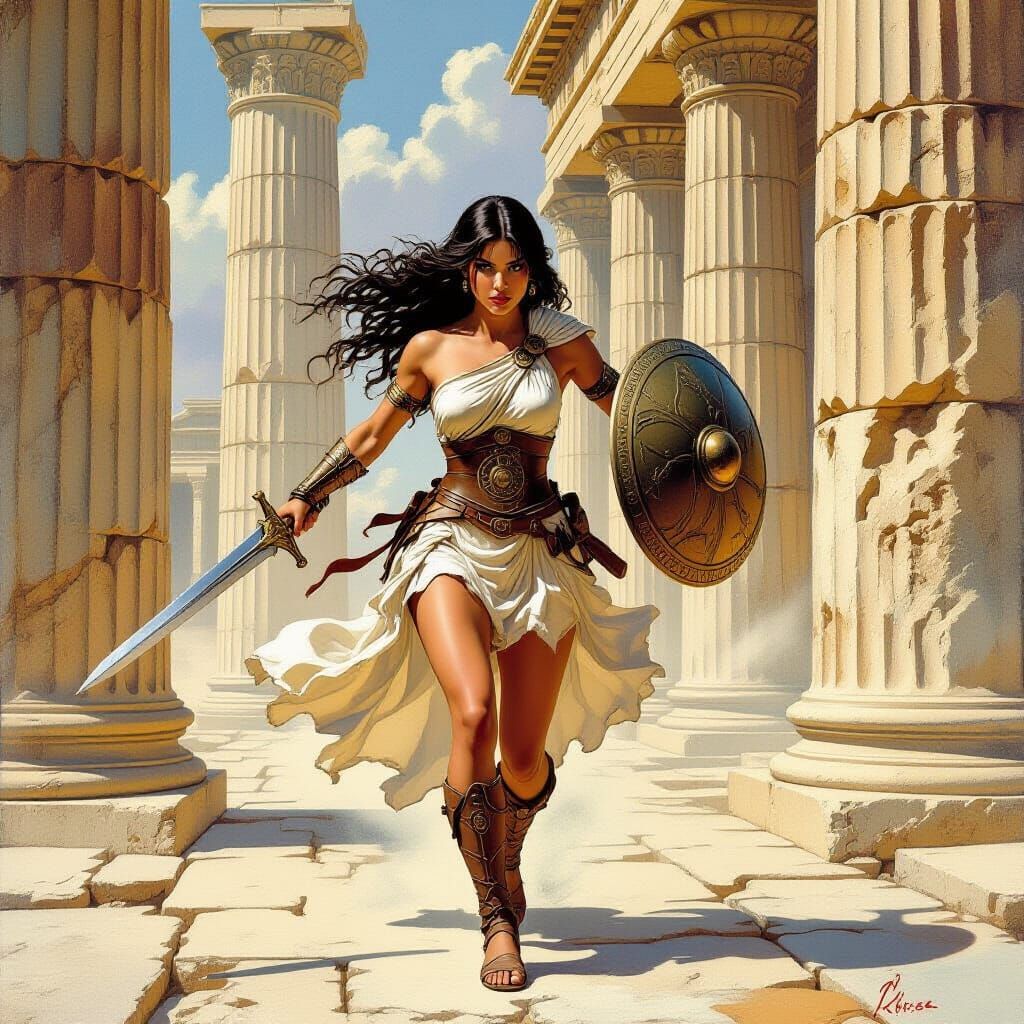 Greek Warrior Woman Flees Danger Among Ancient Ruins