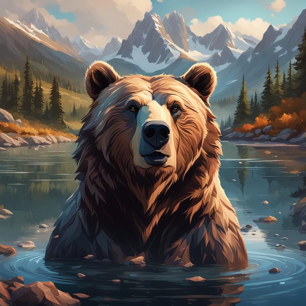 Grizzly Bear Portrait near Mountain Lake