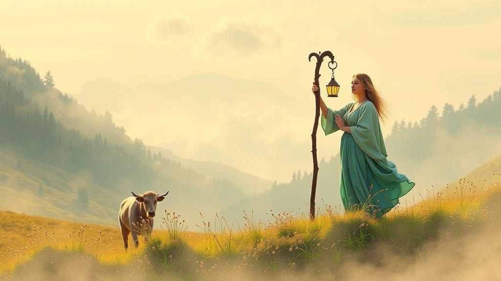 Serene Shepherdess in Eerie Valley Landscape