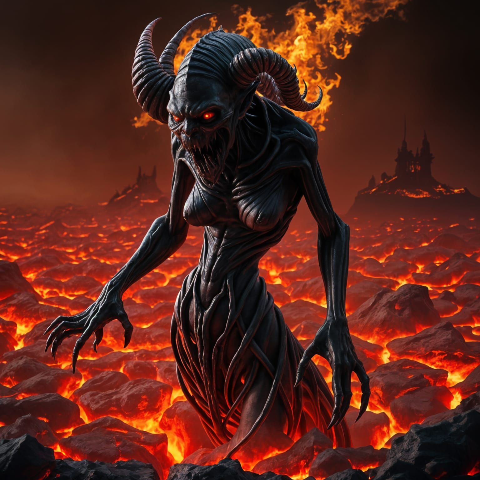 Disgustingly disfigured and grotesque female demon rising from the flames of Hell and taking form. Ultra-realistic, ultr...