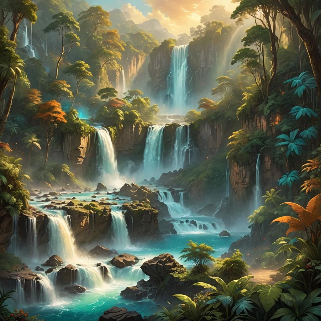 Majestic Waterfall in Lush Fantasy Landscape