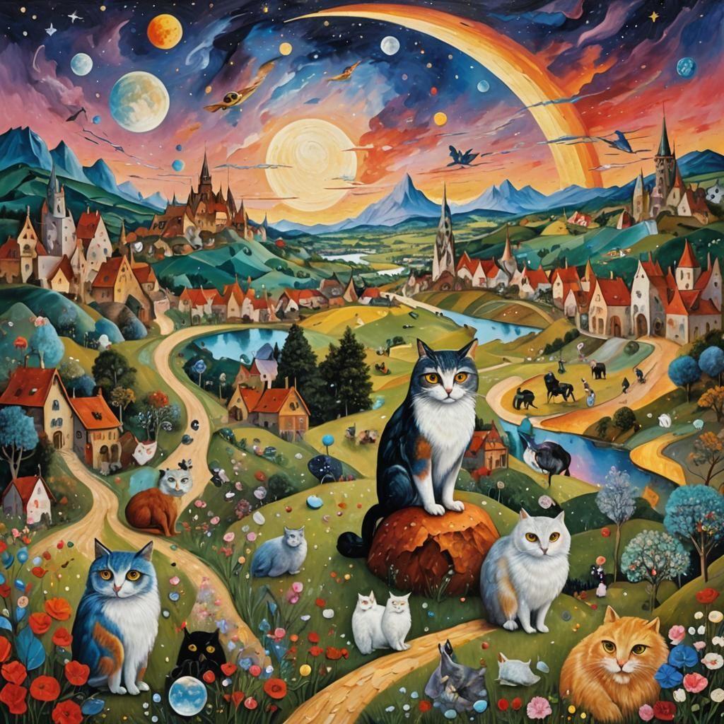 Vibrant Cats in Whimsical Hillside Village Scene, in Impasto...