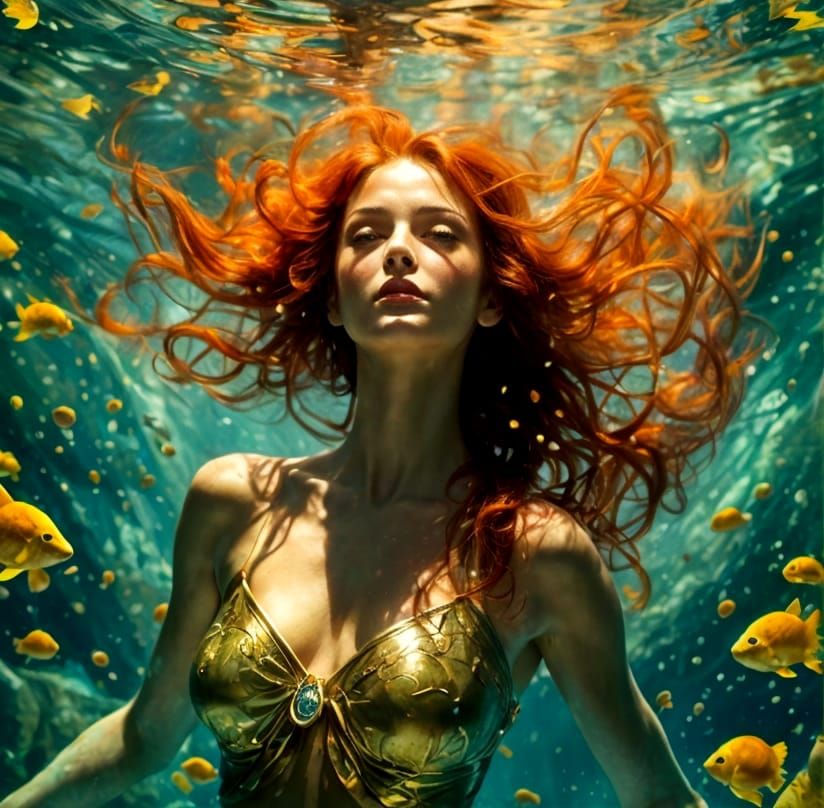 Redhead Woman Swimming in Tropical Underwater Paradise