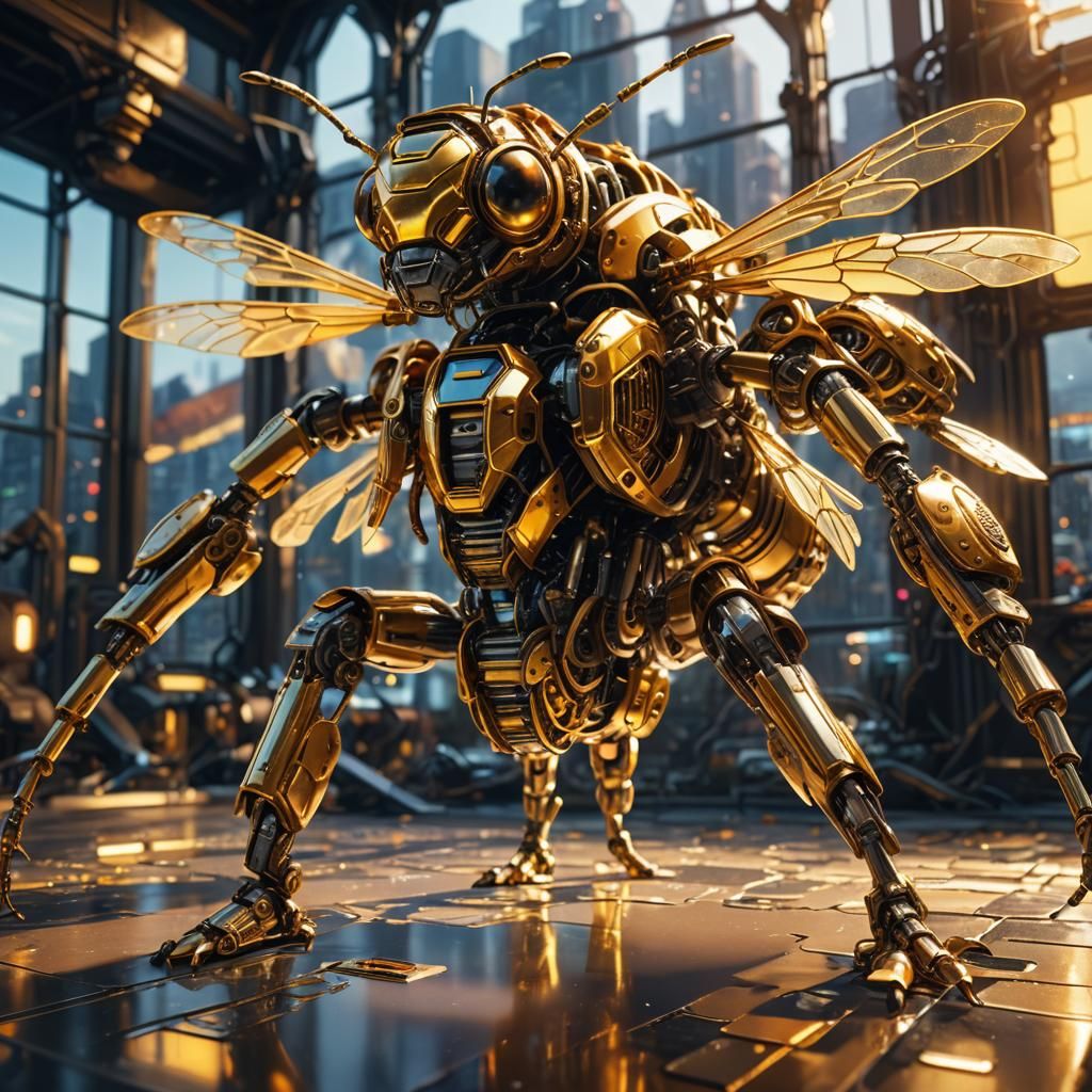 Golden Glass Mechanical Bee: Sci-Fi Concept Art
