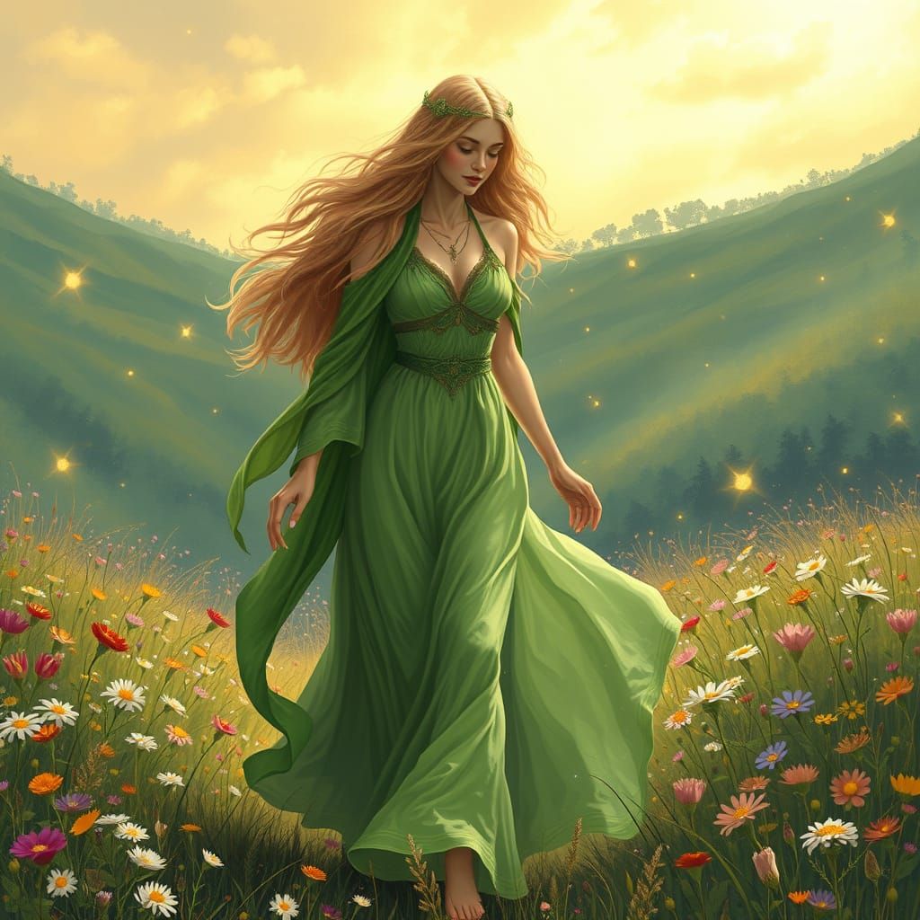 Celtic Goddess Aine in Flowering Meadow