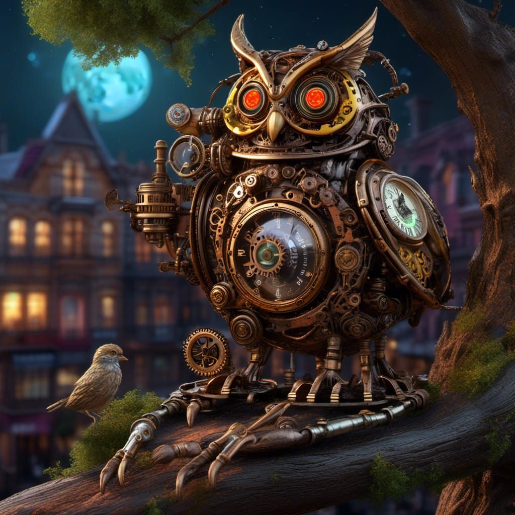 Ornate Steampunk Owl on Nebula Sky