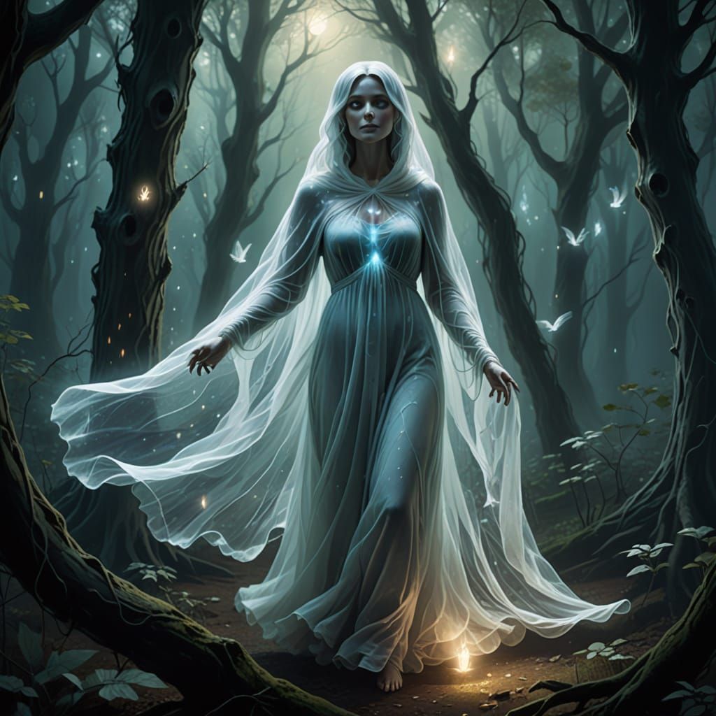 Ethereal Ghost Woman in Haunted Forest