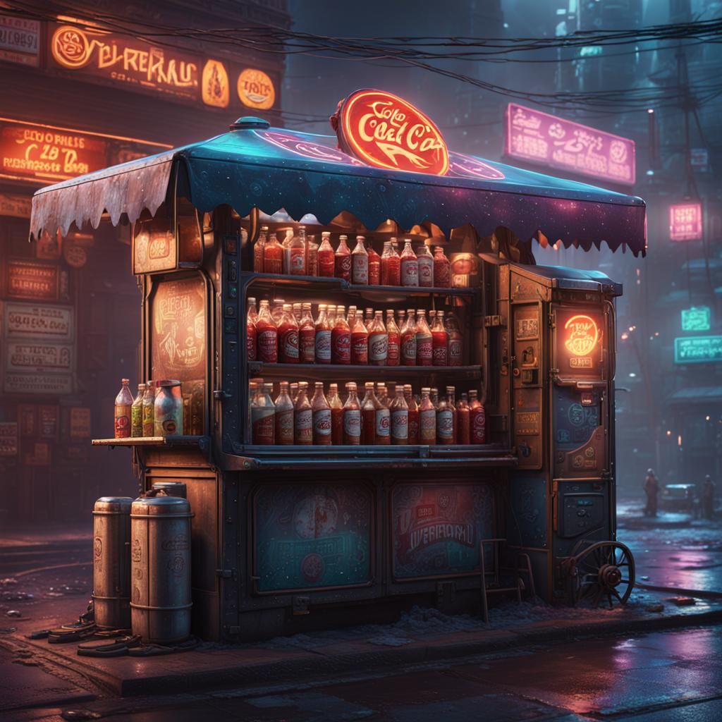 Cyberpunk Cola Vendor: Detailed Matte Painting