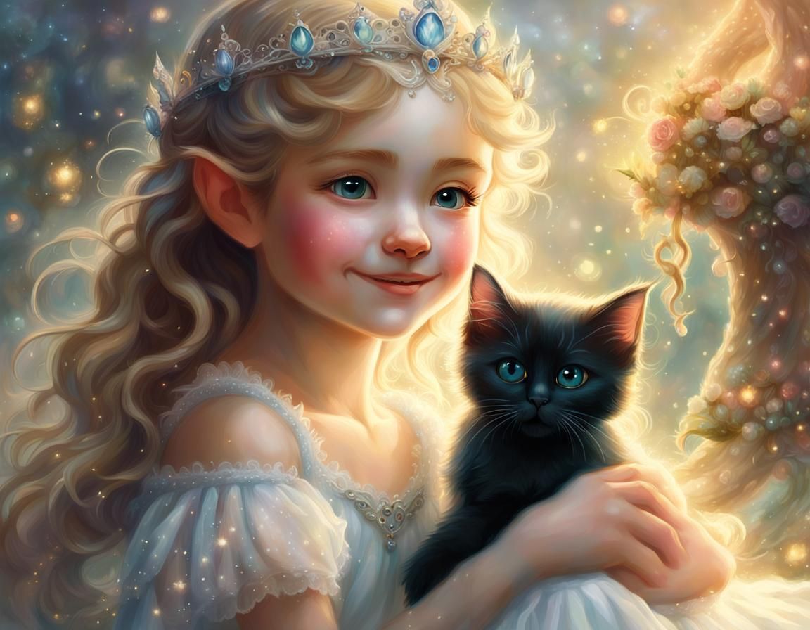 Ethereal Fantasy Portrait of an Elf and Her Kitten