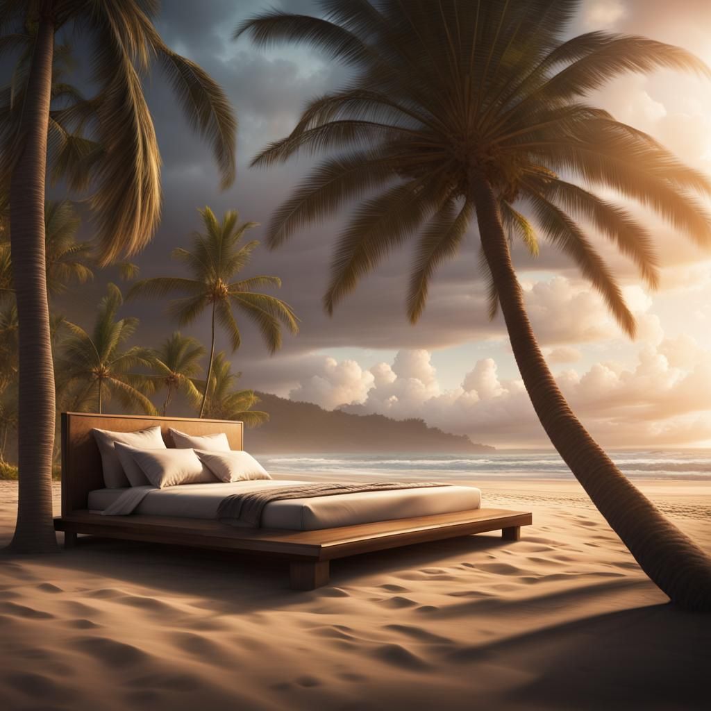 Hawaiian Ocean View Bed Under Palm Trees
