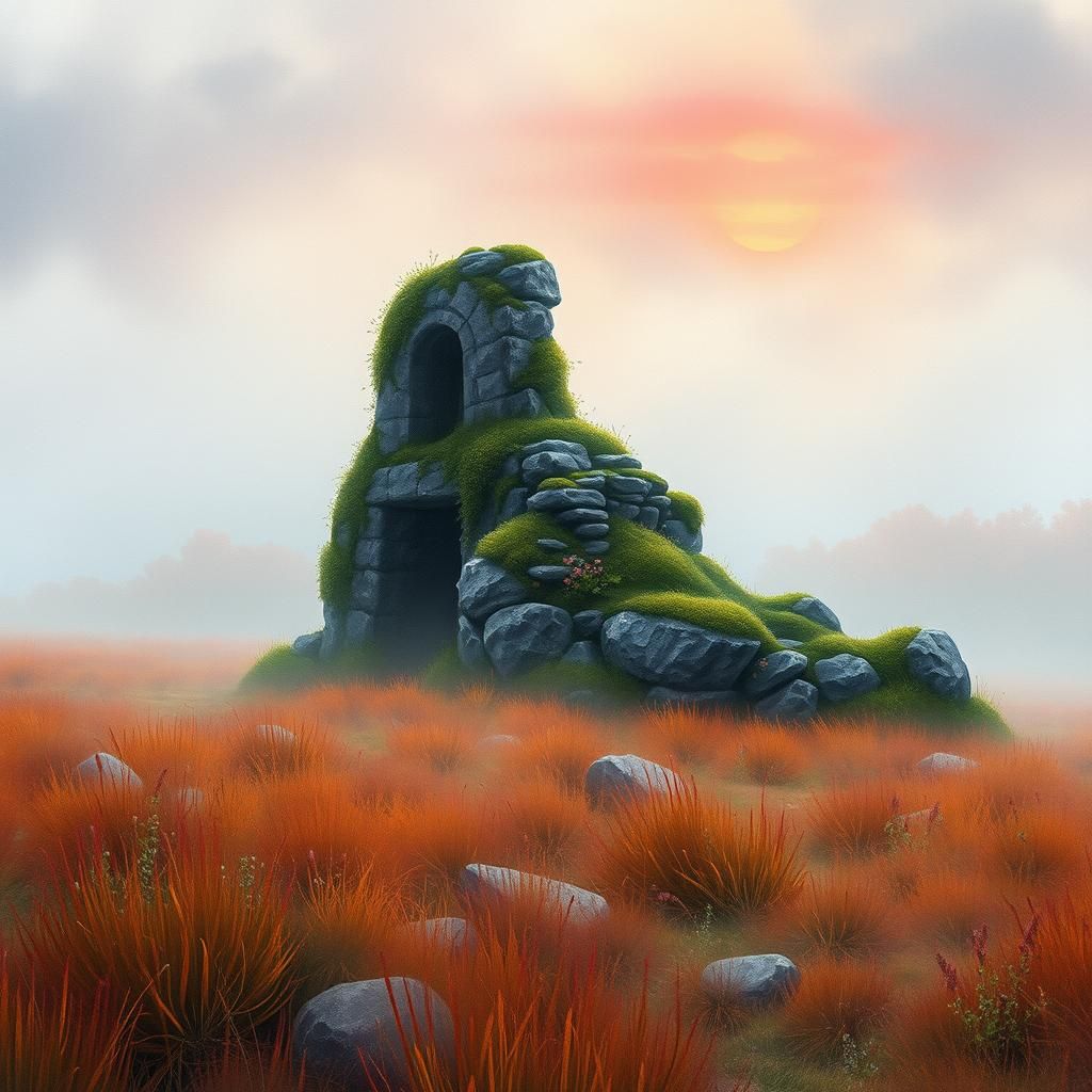 Misty Ancient Stone Structure in Watercolor Painting