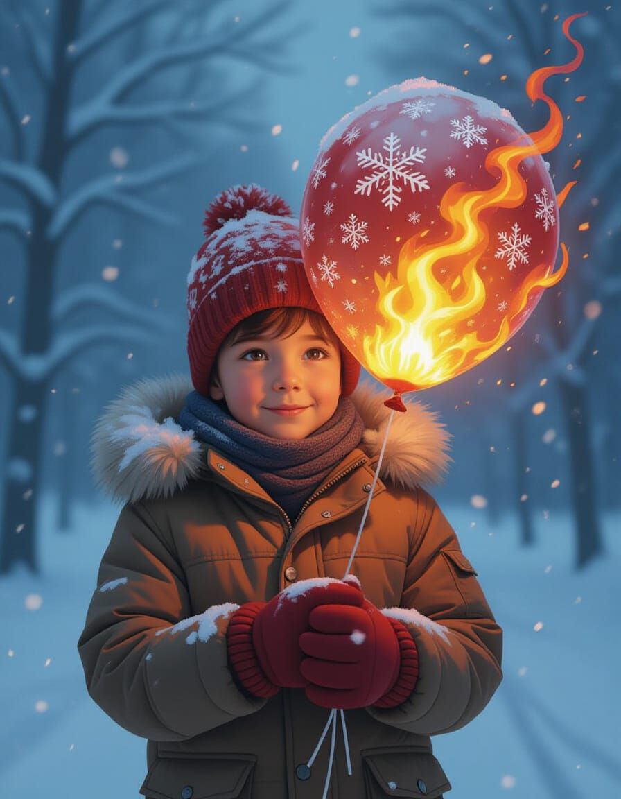 Boy Holds Balloon of Snow and Fire