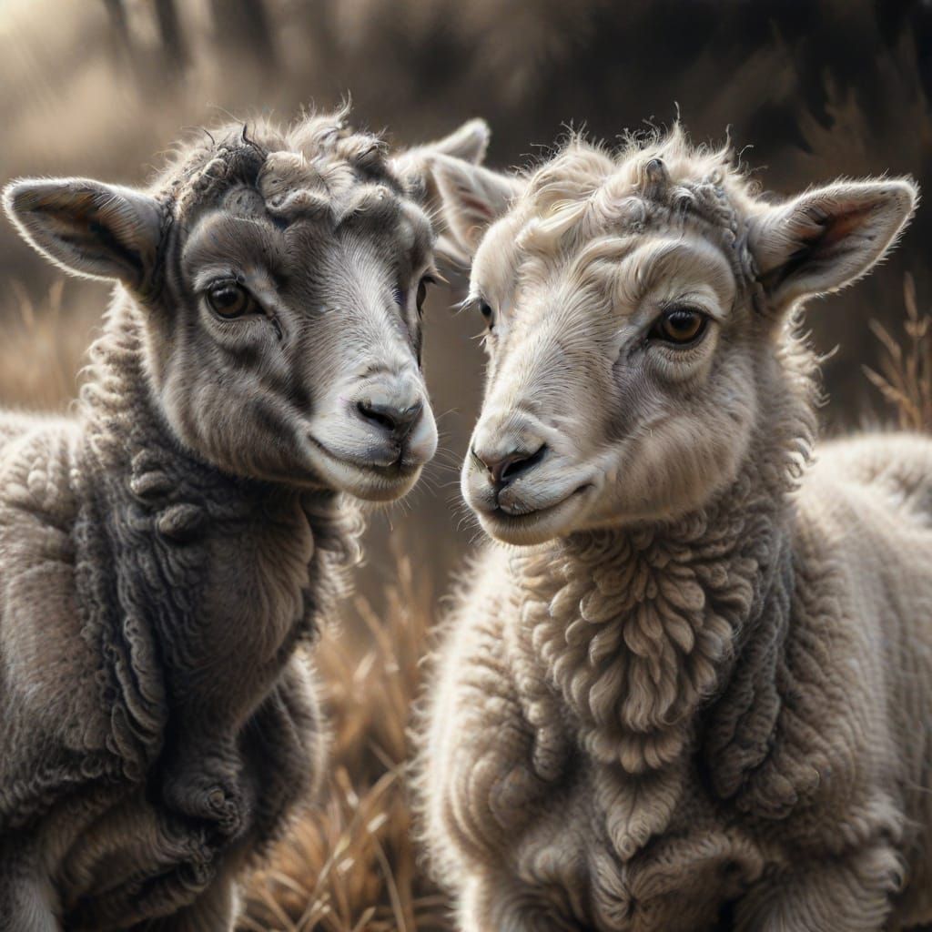 Detailed Charcoal Drawing of Two Lambs Meeting