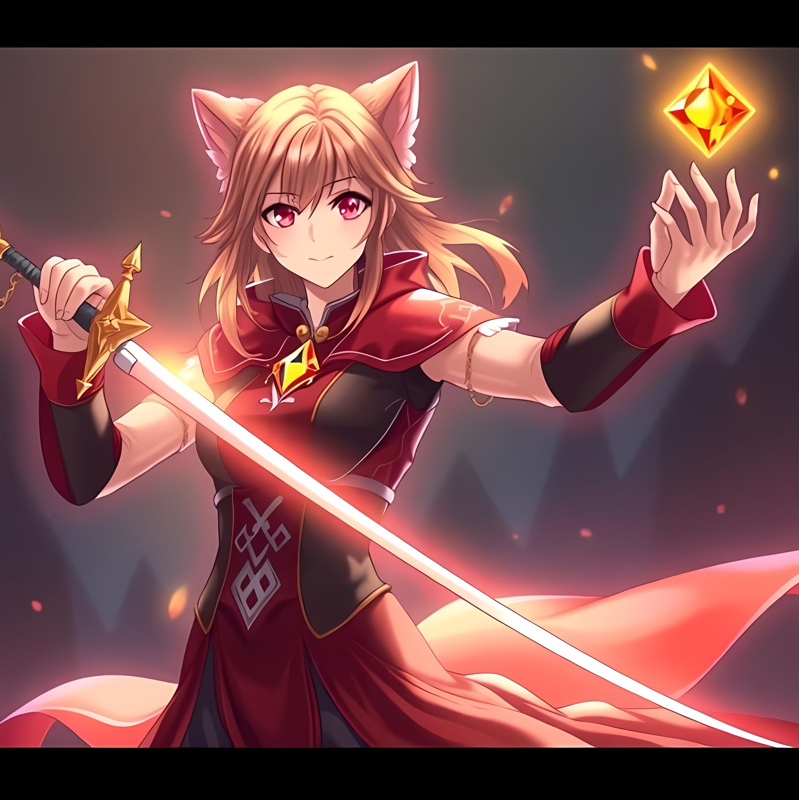 Anime Red Mage Girl with Rapier and Gem
