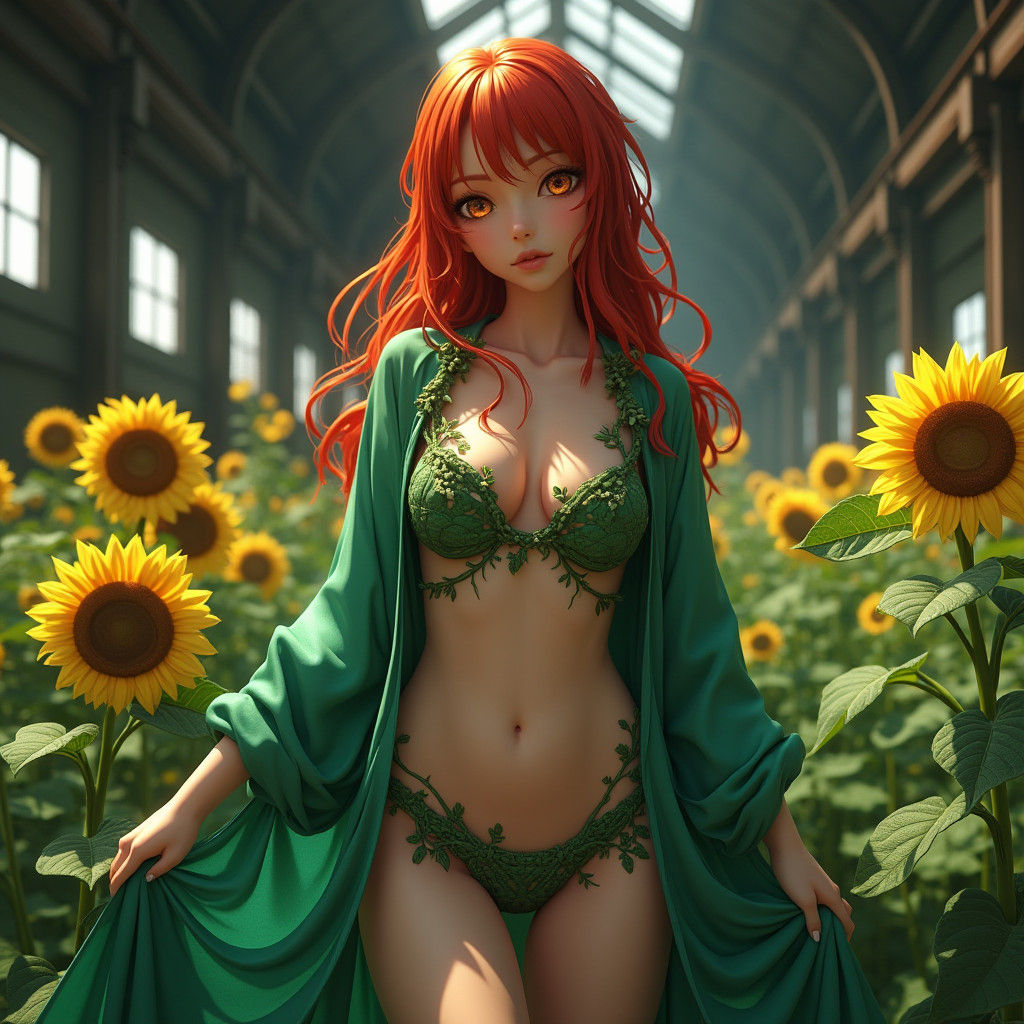 Redhead in Emerald Robe and Ivy Bikini