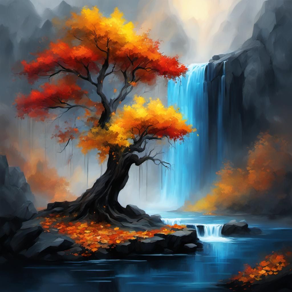 An oil painting of an ancient tree with yellow, orange and red leaves