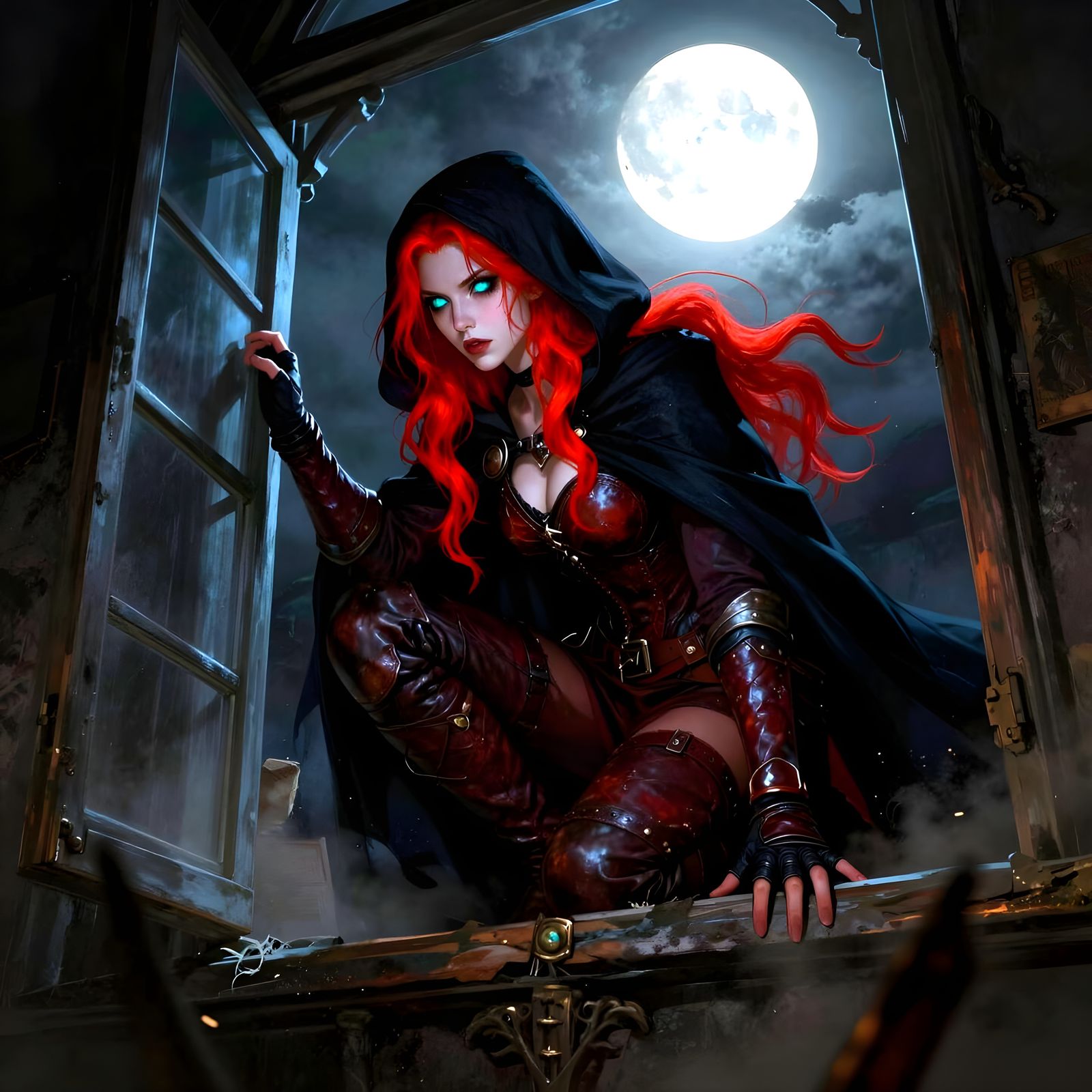 Stealthy Thief Enters Dark Wizard's Study Under Moonlight