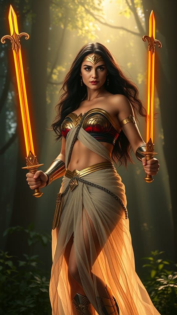 Wonder Woman with Swords in Diaphanous Saree