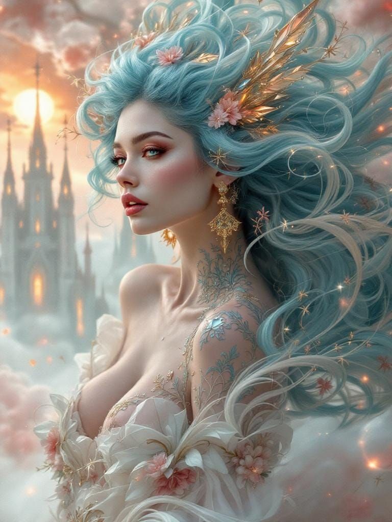 Divine Woman with Gothic Hair in Art Nouveau Style