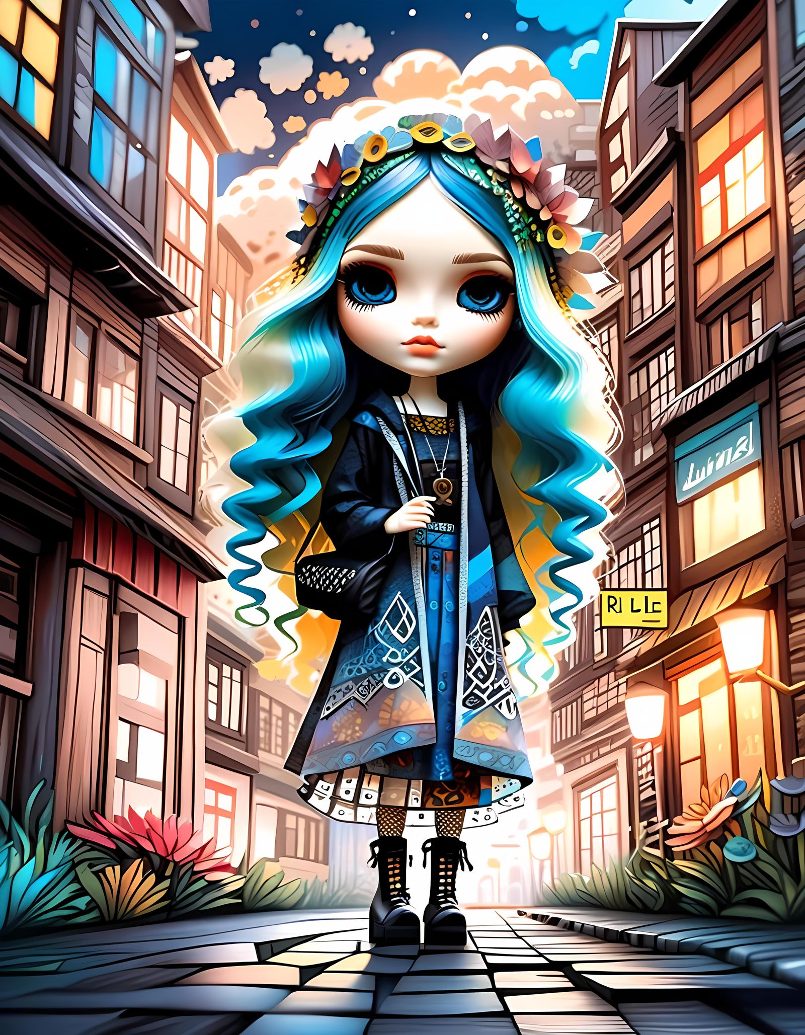 Chibi Blythe Boho Doll in the City, 3D Cartoon