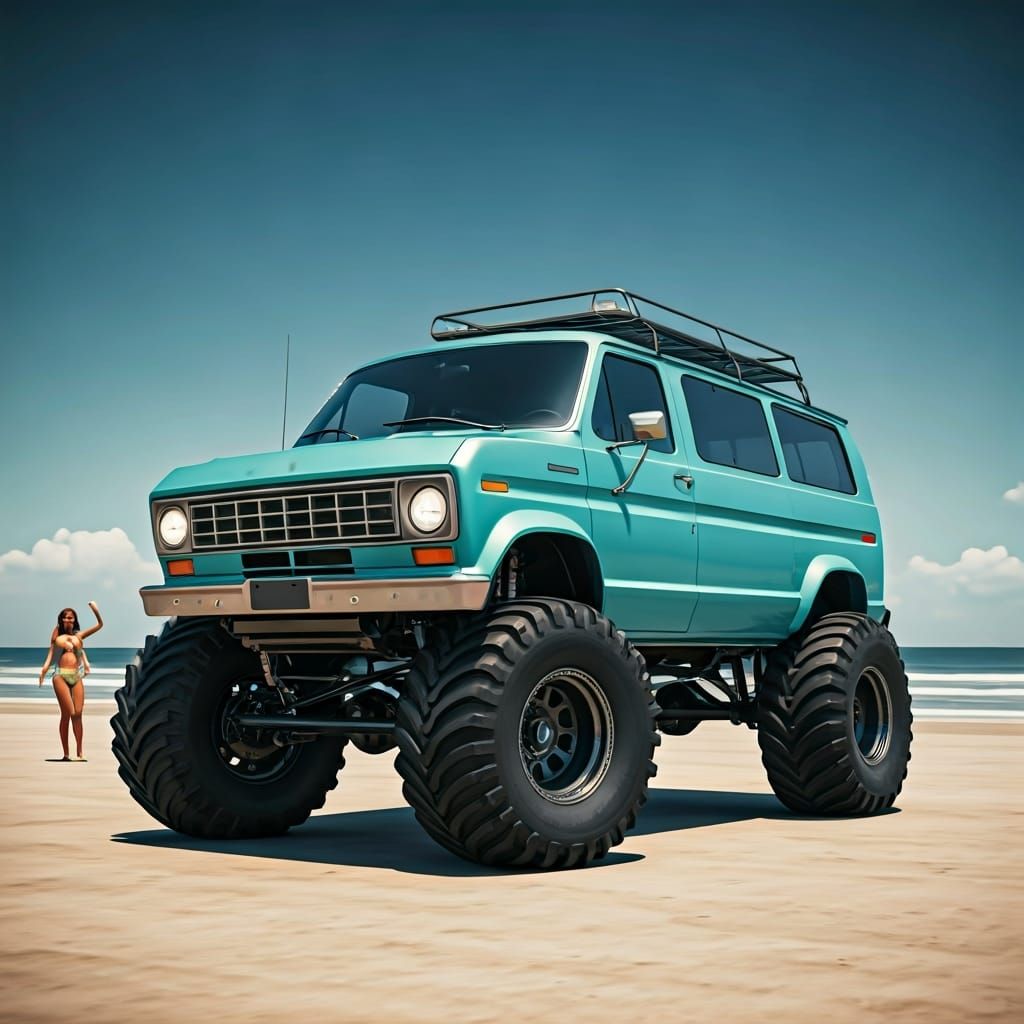 Turquoise Ford Econoline Van on Beach, Hyperdetailed