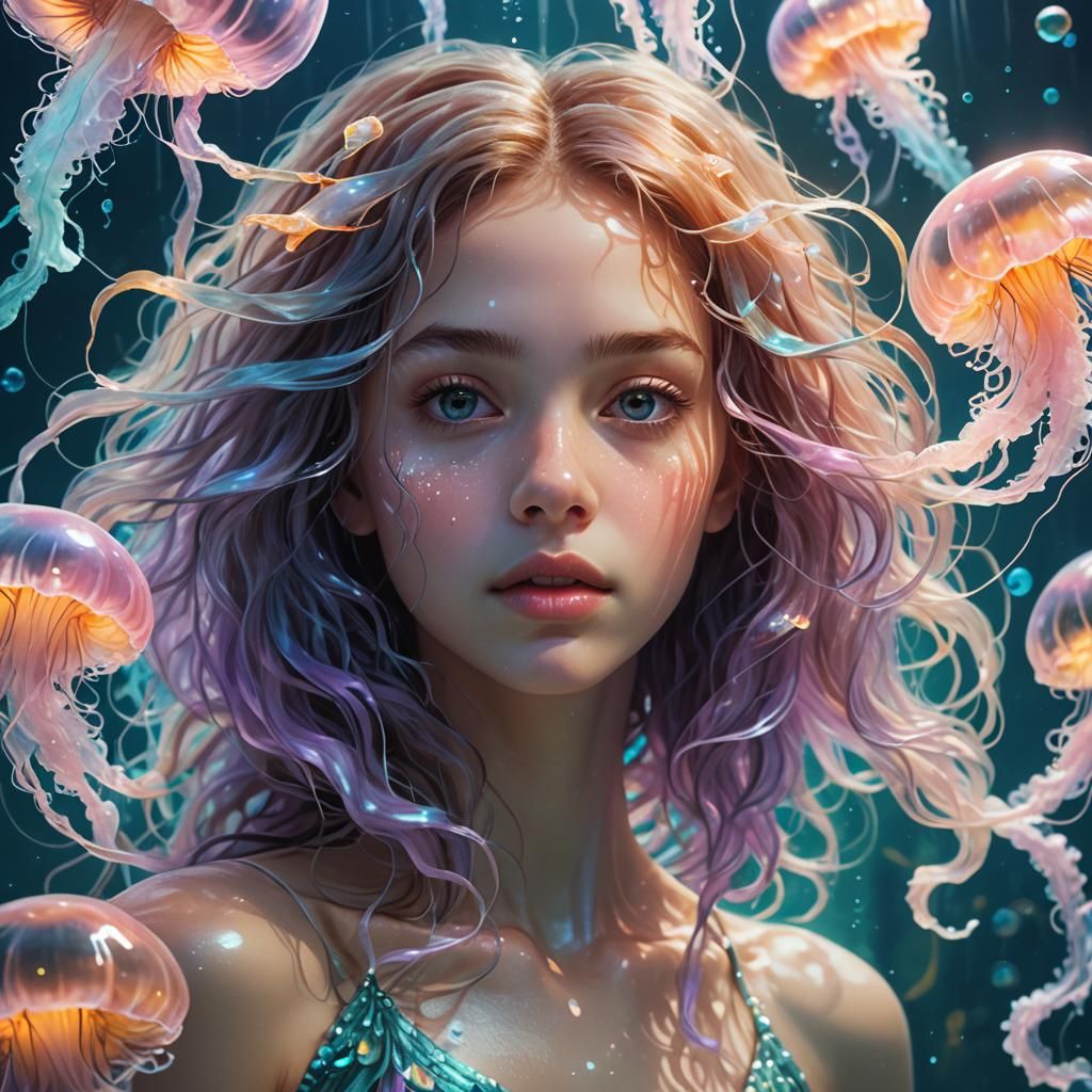 Ethereal Girl Swimming with Bioluminescent Jellyfish