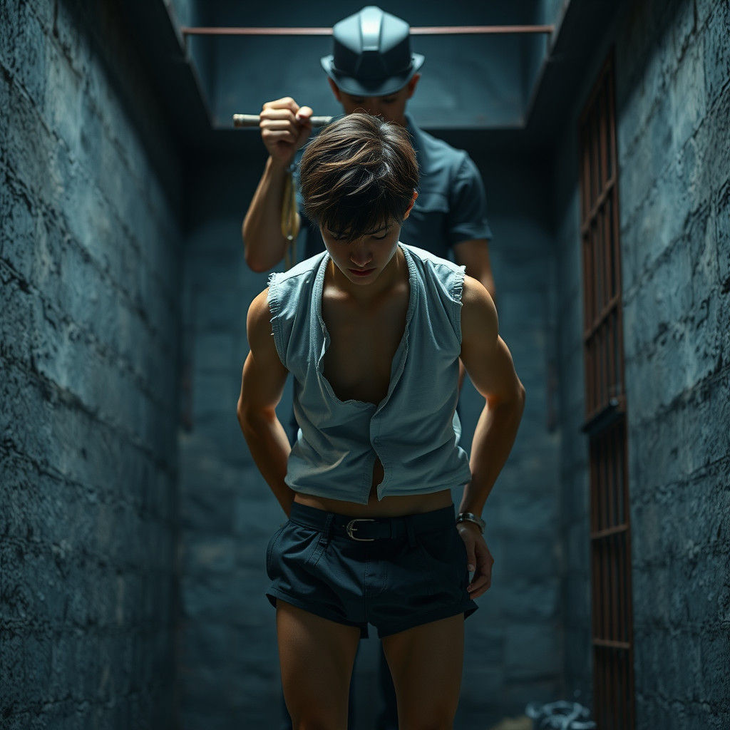 Young Man in Dystopian Penal Colony, Confronted by a Guard's...