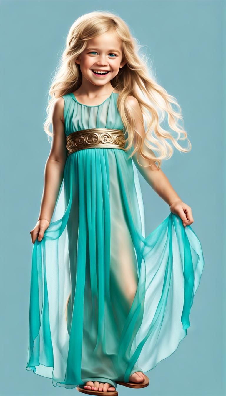 Laughing Blond Girl in Aqua Gown: Photorealistic Image