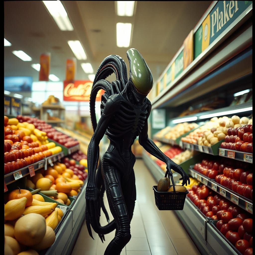 Alien Discovers Fruits in Cinematic Grocery Store Scene