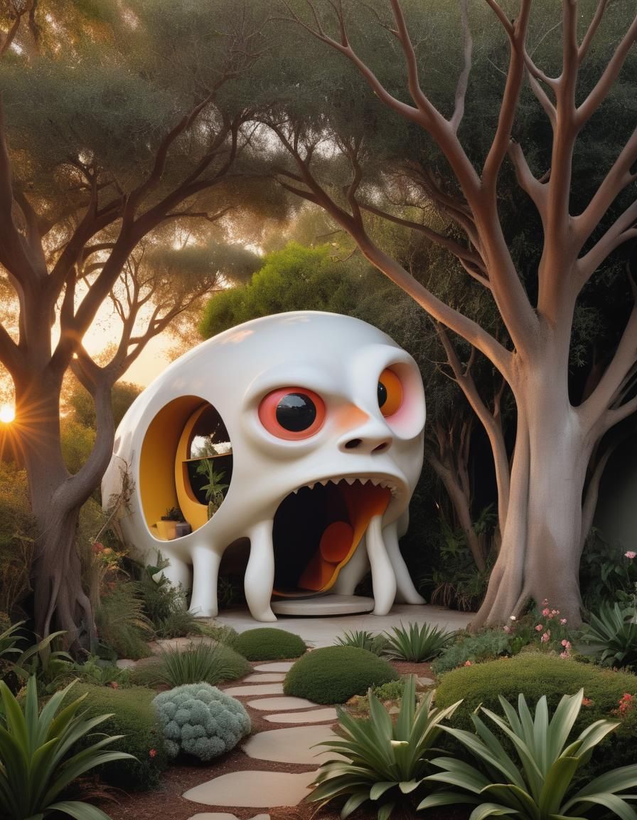 Anthropomorphic Dwelling in Florid Landscape at Golden Hour