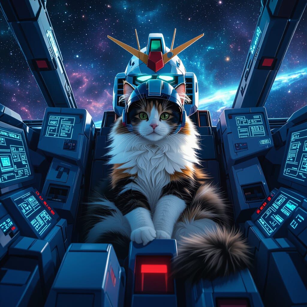 Fluffy Cat Pilot in Giant Gundam Cockpit