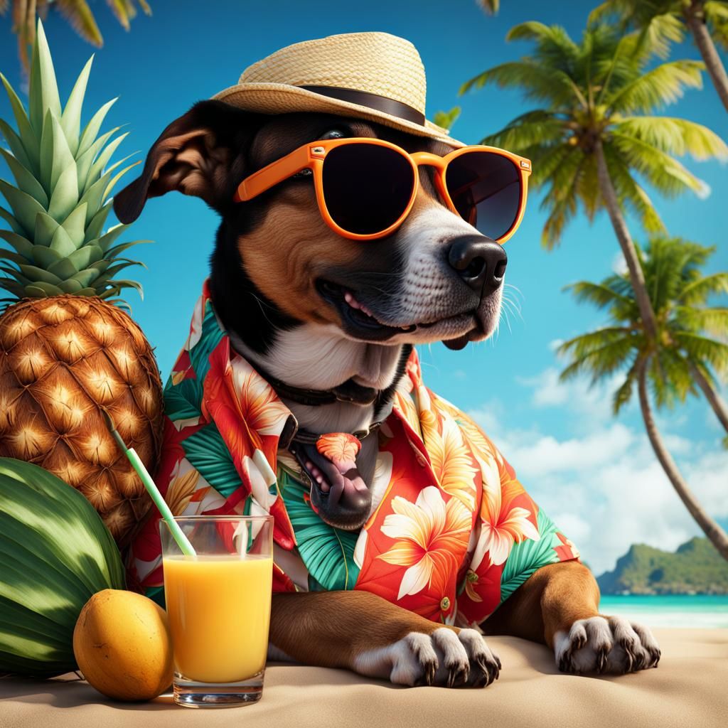 Dog on Vacation in Tropical Beach Painting
