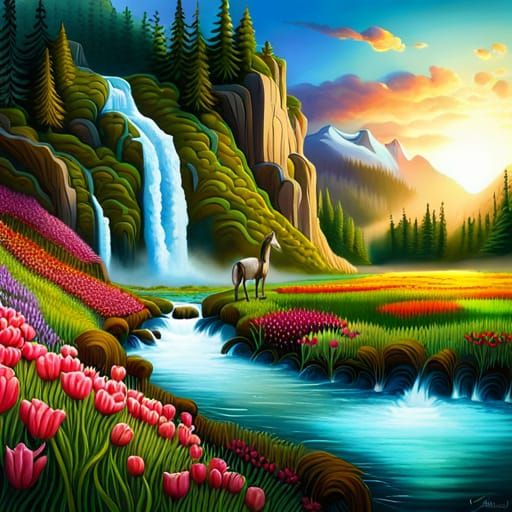 Fantasy Landscape with Unicorn and Flower Meadow