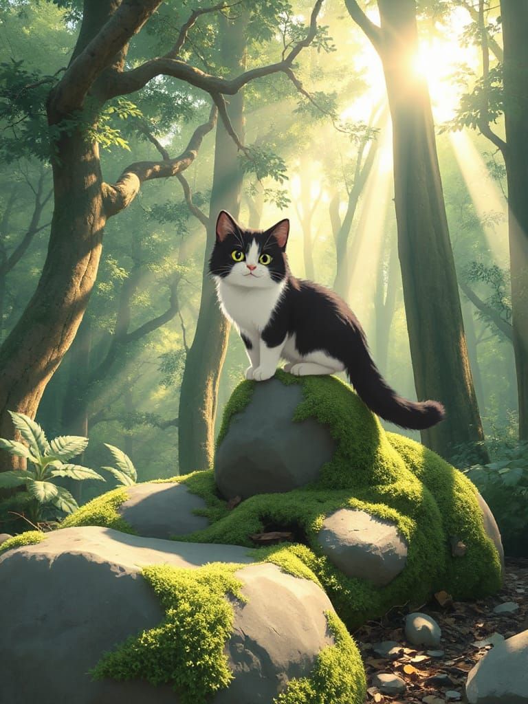 Kawaii Cat in Enchanted Forest, Ghibli Style