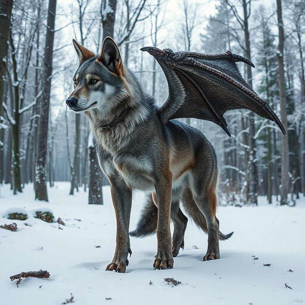 Realistic Gray Wolf and Dragon Hybrid Stands in Snowy Forest