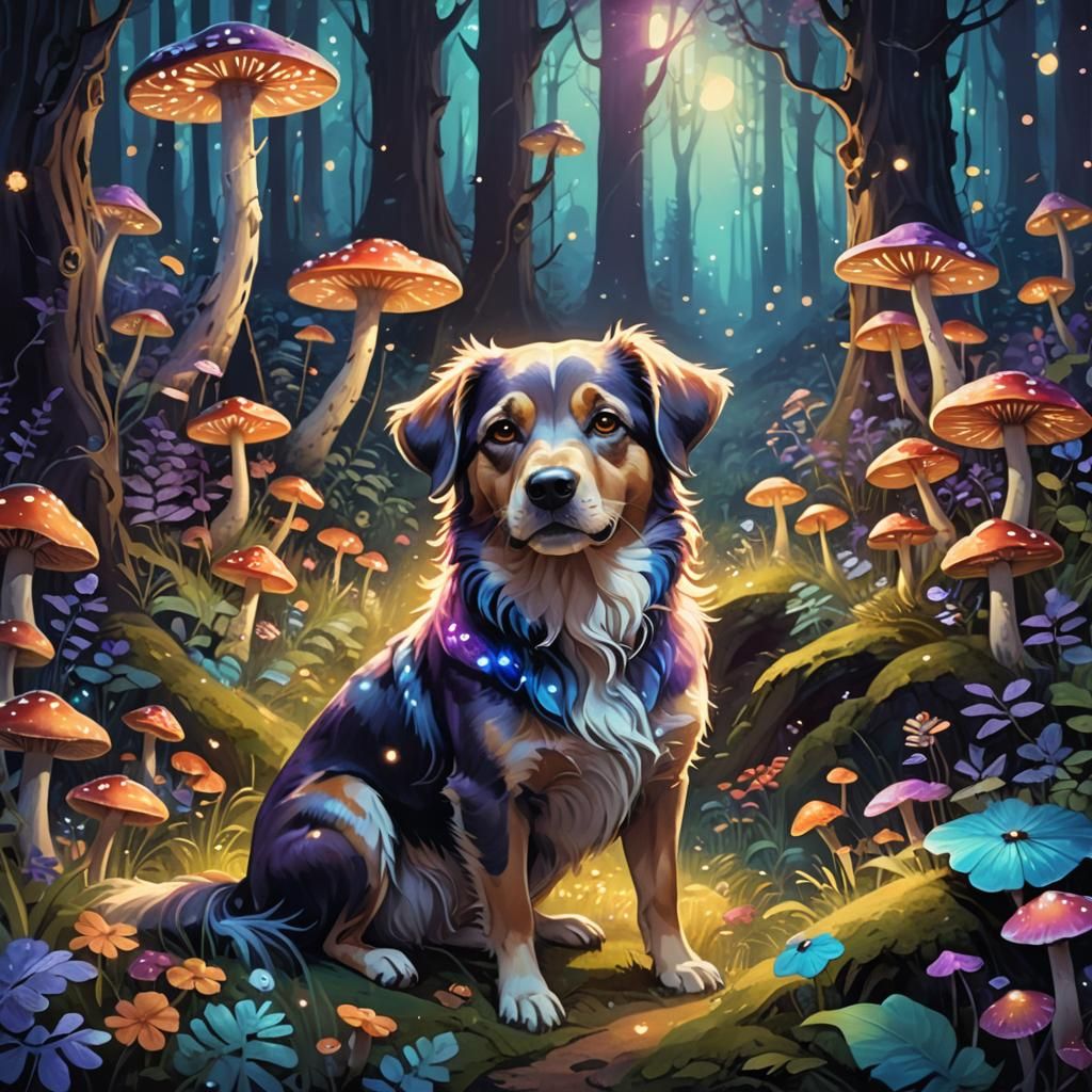 Dog in Mystical Forest: Art Nouveau Illustration