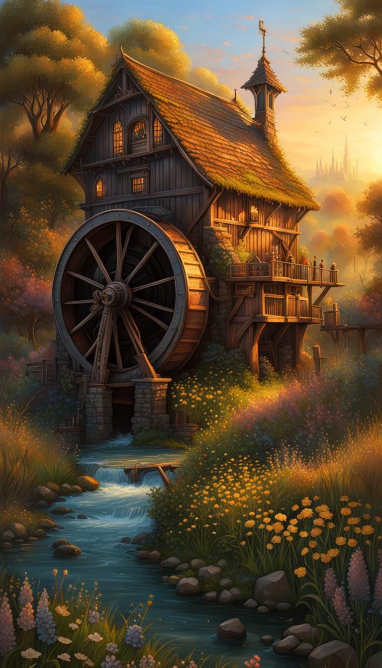 Steampunk Watermill at Sunrise in Watercolor Style