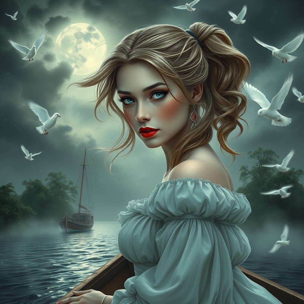 Melancholic Woman on Boat in Ethereal Surrealism