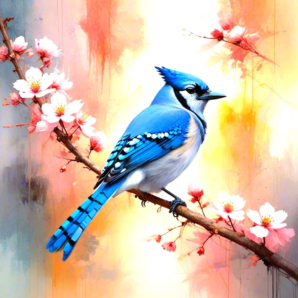 Surreal Mixed Media Masterpiece: Blue Jay in Blossoming Harm...