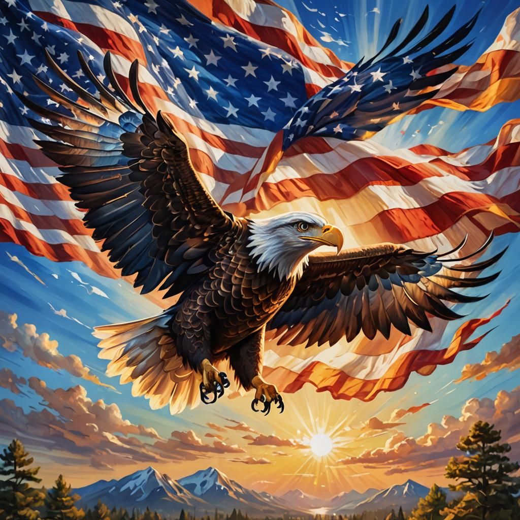 Majestic Eagle Soaring with American Flag: Oil Painting