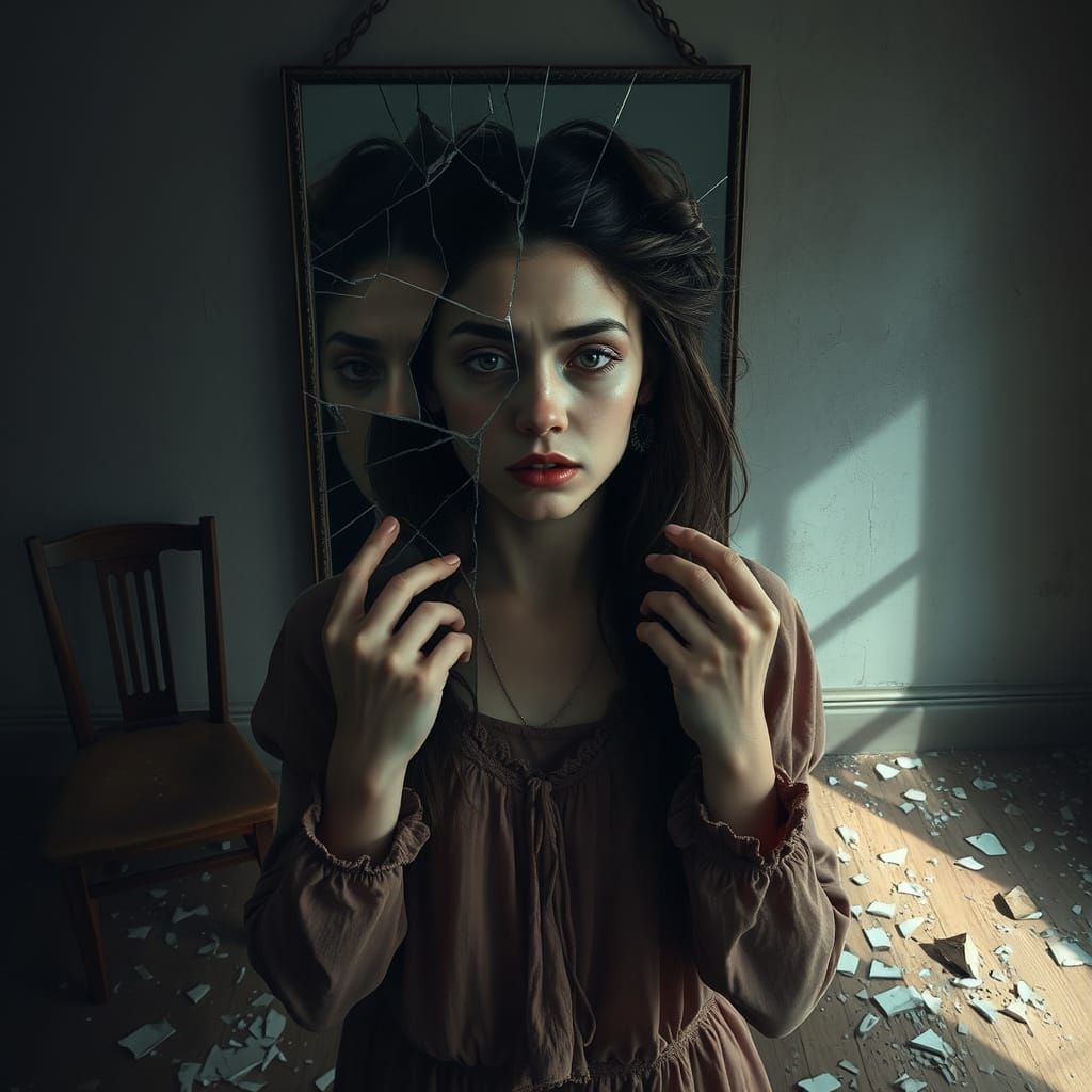 Young Woman Confronts Broken Reflection in Dimly Lit Room