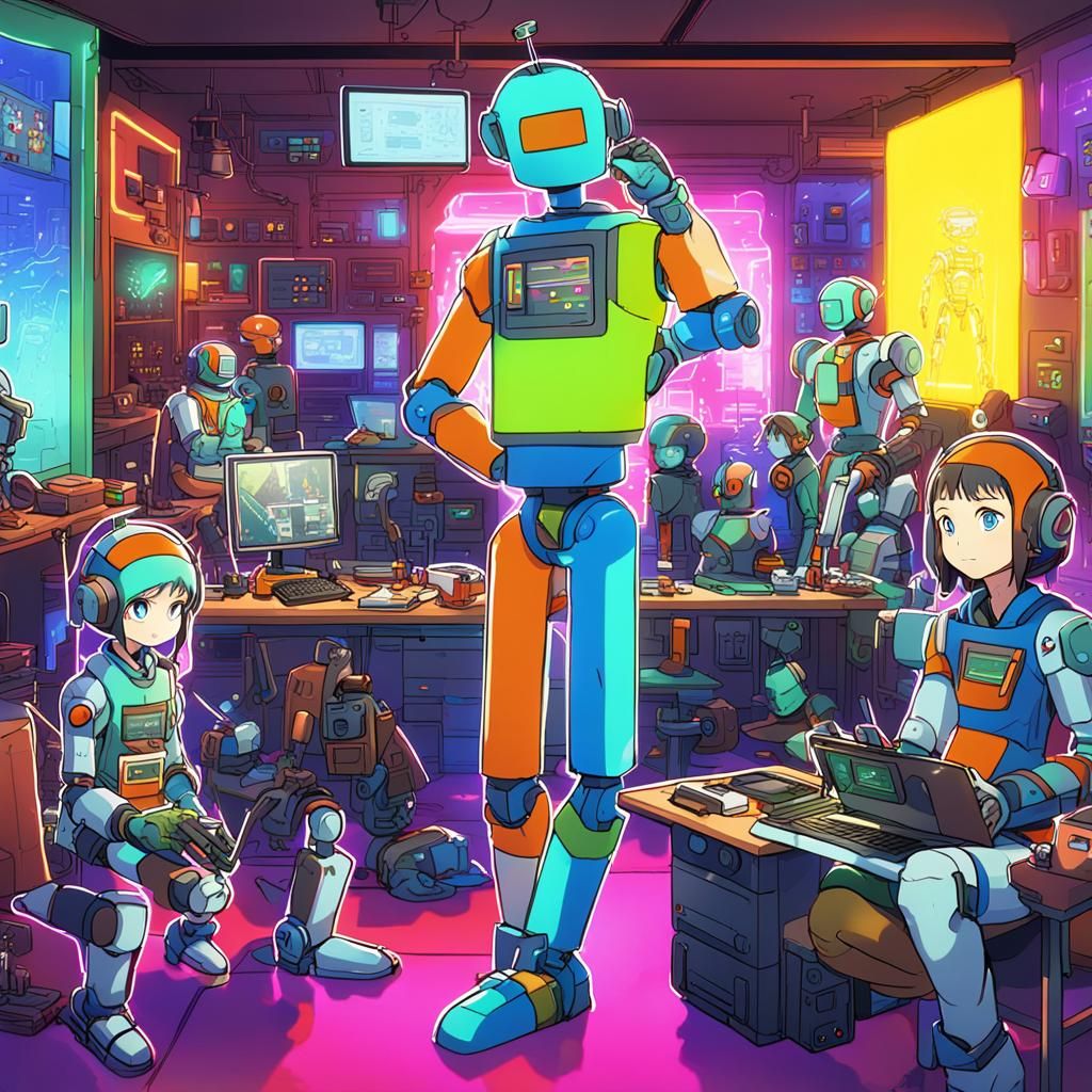 Anime Team Building Robots in Neon-Lit Lab