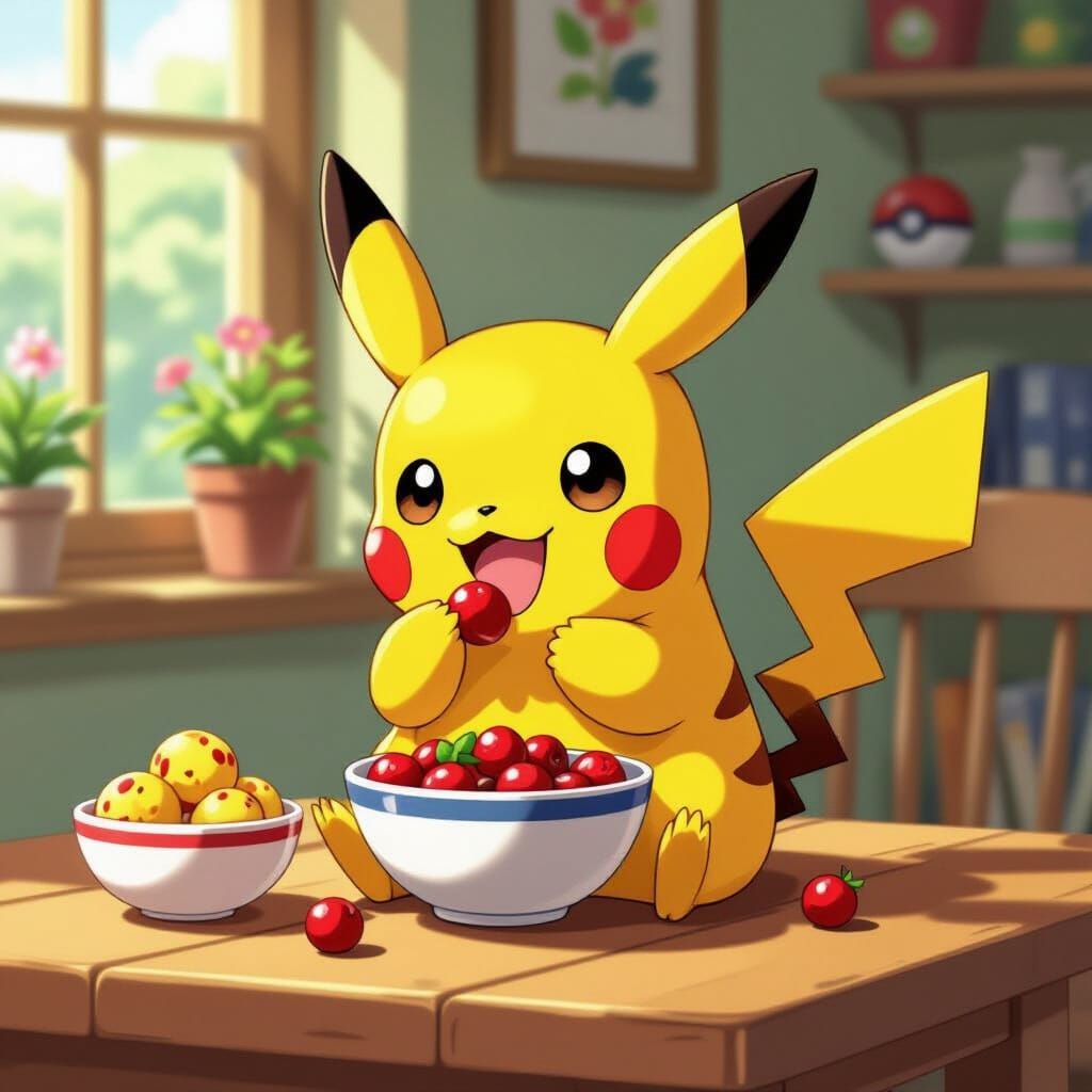 Pikachu Enjoys Berry and Poffins in Anime Style